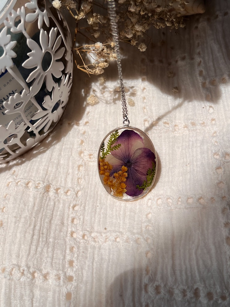 Violet Hydrangea & Sweet Alyssum Silver Necklace